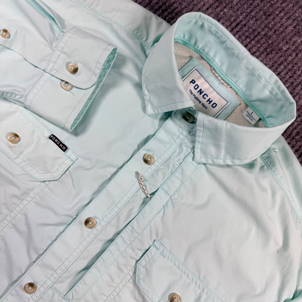 Poncho The Fishing Shirt Mens L Regular Fit Long Sleeve Mint Green Button Down